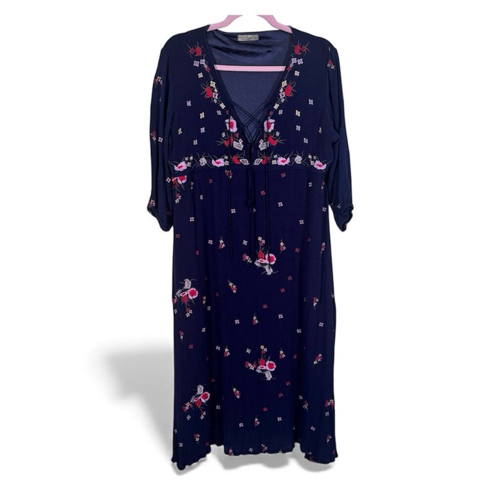 Anandas Blue Floral Embroidered 3/4 Sleeve Midi Dress Womens XL Boho Peasant